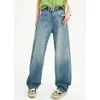 Женские джинсы винтажные голубые женские талия узор Американская модная уличная одежда широкая джинсовая джинсовая джинсовая джинсовая ткань