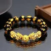 سلسلة Feng Shui Obsidian Stone Beads Bracelet Gold Color Black Pixiu Wealth Gweat Luctband Men Women للجنسين هدايا مجوهرات محظوظة Y240420