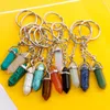 Keychains Natural Stone Hexagonal Prism Keychain Rose Quartz Tiger's Eye Opal Crystal Ring Chain Keyring