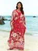 Casual Dresses 2024 Sumer Purple Boho Tryckt V-ringning Tassel Drawstring Kaftan Relaxed Robe Moo Dress Beachwear House Q1604