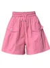 Женские шорты розовая эластичная талия женщин летняя шнурки тонкие широкие ноги свободные случайные короткие грузовые брюки женщины