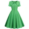 H Womens Elegant Retro Dress Lapel Kort ärm Slim Fit Pure Color A Line