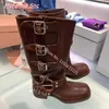 Botas de inverno mulheres cavaleiros couro de salto alto quadrado dedo dedo escuro cinto escuro fivela plataforma cool pun punk sapatos