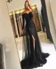 Black Muslim Evening Dresses 2020 Mermaid Full Sleeves Lace Applique Split Off the Shoulde Dubai Kaftan Saudi Arabic Prom Gown5160317