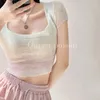 Women's T Shirts Summer TVVovvin 2024 Fashion Square Neck Gradient Knit Underlay Shirt for Women Slim and Short Cut Open Navel 2EF2