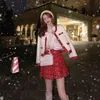 レディースクリスマススーツ2ピースセット厚い冬の赤いツイード格子シックなジャケットウォーム格子模様のa-lineプリーツスカートスーツ女性240419