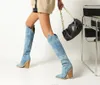 Boots Fashion Woman Knee High Blue Cowboy Boot Spring Winter Knight Combat Sexig Elegant Medium Heel Women 'Shoes Motorcykel