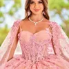 Hellrosa Prinzessin von der Schulter Quinceanera Kleid Applikationen Perlen Tull Schatz mit Cape -Kleidern Vestidos de 15 Anos