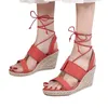 Sandals Summer Round Toe Slope Heel Thick Bottom Lace Up High With Grass Woven Rope For Comfort Zapatos