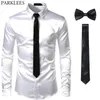 Black Mens Silk Dress Shirts 3PcsShirt TieBowtie Smooth Satin Shirt Men Slim Fit Party Prom Casual Shirts Men Social Camisa 240407