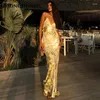 Casual Dresses Sexy Backless Gold Halter Elegant Evening Dress For Women Spaghetti Strap Ball Gown Maxi Boho Party Celebration Robes