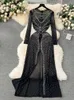 Robes décontractées automne noire sexy club diamant à manches longues arrière zipper bodycon ript robe femme vintage élégant festival robe de fête
