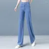 Jeans de mujeres Fina imitación delgada Denim de seda para mujeres con un delgada cintura cruzada Tubo recto Pantalones de ajuste suelto de ancho