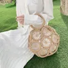 Drawstring Handmade Summer Beach Women Straw Shoulder Bag Ladies Round Hollow Travel Daily Woven Handbag Holiday Knit Cotton Linen Totes