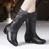 Boots Fashion Middle Winter Women's Korean Style Low Heel Solid Color Fleece Warm Plus Size Outdoor Anti-Scid Black Botas