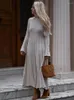 Casual Dresses Tossy High Waist Knit Long Dress Women Ruffled Ribbed Contrast Lace-Up Fashion Party Elegant Autumn Knitwear