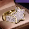 Hip Hop Bling Jewelry Iced Out Cool Boy Mens Star Shape Ring Gold Plated CZ Cubic Zirconia Bling Hiphop Rings for Men285E