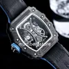 Classic 53-01 TPT Carbon Fiber Mens Watch Automatic Openworked Dial Blue Sports Wristwatch Sapphire Crystal Waterproof Luxury Watches