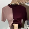 Women's T Shirts American Vintage Sweet Spice Color Blocking Ice Silk Design Sense Short Sleeve T-shirt O-neck Chic Point Simple Knit Top