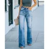 Модные джинсы Женские вымытые отверстия показывают широкие джинсовые штаны для похудения