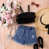 Kids princess clothes sets girls tiered falbala suspender tops with beaded hole denim shorts 2pcs summer children outfits Z7798