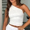 Kvinnors tankar Fashion Crop Tank Tops Tight Fitted snedstreck en axel ärmlös spetsblomma korta t-shirts för sommaren