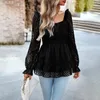 Women's T Shirts Slim Solid Colour Pullover Shirt Square Neck Smocked 3/4 Lantern Sleeves Chiffon Streaks Tops Autumn Fashion Blouse 2024