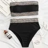 Dames badkleding bikini set sexy luipaard rand zwarte zwempakken vrouwen bandeau mujer hoge taille badpak strandkleding zwembather