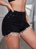 Kvinnors shorts 2023 Kvinnor Sexig mode Slim Strt Party Rhinestone Tassel Decorated Denim Shorts Y240420