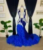 Party Dresses Royal Blue Mermaid Prom Luxury Sparkly Diamond Crystals Pärlor Tiered Ruffle Black Girls Evening Clown Gala Formella klänningar