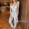 Sommarkvinnor 2024 Tryckt sexig rem Deep V Open Navel Plaid Casual Crop Pant Set