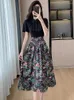 Casual Dresses 2024 Black Patchwork Floral Long Dress Women Vintage Luxury Party Evening Summer Korean Elegant Bodycon Prom