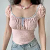 Dames t shirts go meisje zelfgemaakte roze kanten patroon plooerende grote u-neck t-shirt vrouwelijke zomer puff puff mouw slanke korte mouwen tops