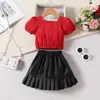 Kledingsets Kids Girls Summer Outfits Korte puff mouwen Tops Pu Leather Geplooide rok Kindermode Kleding