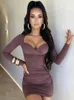 Urban Sexy Dresses Hugcitar Long Sleeve Ruched Mini Dress for Women 2023 Summer Slim Slim Party Compless Club Assibe Birthday Y240420