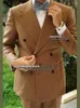 Ternos masculinos Primavera/outono Men Woolblends Blazer grosso com calças 2 peças Jaqueta de peito duplo Trajes de estilo da Inglaterra de hombre 2024