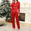 Christmas Loungewear Femmes Satin Nights Match Metper Modèle Single Breasted Long Sheve Shirts and Elastic Pantals Sleepwear 240407