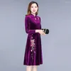 Casual Dresses Velvet Dress Chinese-style Embroidery Elegant Floral Embroidered A-line Warm Stylish For Prom Or Evening Parties