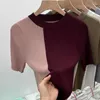 Women's T Shirts American Vintage Sweet Spice Color Blocking Ice Silk Design Sense Short Sleeve T-shirt O-neck Chic Point Simple Knit Top