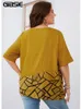 GIBSIE Plus Size Geo Print Colorblock Blouse Women Summer Half Sleeve Drawstring Casual ONeck Blouses Big Ladies Tops 240419