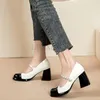 Klänningskor Mary Jane Spring Black-White Patchwork Color Goarse Heel JK Women Metal Chain Girl High