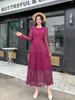 Lässige Kleider Frühling grün/lila/gelb/rot hohl aus Spitzenpartykleid Vintage O-Neck hoher Taille Langarm A-Line Midi Robe mit Gürtel