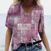 Vintage Plaid Print Womens Tshirt 2023 Blouse Summer Vneck Casual Short Sleve Tees Female surdimension