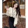 Kvinnors stickor Kort kappa stickade långa ärmar tröja Cardigan kinesisk stil kontrastfärger koreansk version v hals