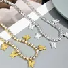 Pendant Necklaces Trendy Cute Iced Out Butterfly Choker Necklaces For Women Men Gold Silver Color Tennis Chain Animals Pendant Rhinestone Jewelry Y240420