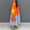 Casual Dresses Korean Style Women's Spring Long Sleeve Orange Patchwork Big Size Loose Fit Chic Girls Wear Large Dress Robe JJXD706