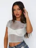 Frauen T-Shirts 2024 Sommer Mode o-hals transparentes T-Shirts Sexy Frau Kleidung Kurzarm Schlanker Crop Top silberne weibliche Strick-T-Shirts