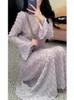 Robes décontractées 2024 French Luxury de haute qualité Purpe Prom Prom Party Long Robe Femme Elegant V Neck Flare Sleeve Sweet Button Midi
