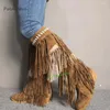 Boots Mixed-Color Fringe Knee High Flat Heel Round Toe Fashion Banquet Runway Shoes For Women 2024 Est Sexy Plus Size46