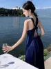 Vestidos informales Blue Slim Halter Backless High Split Maxi Mujer Mujer elegante Pleated Sexy Birthday Party Long 2024 Summer Fashion